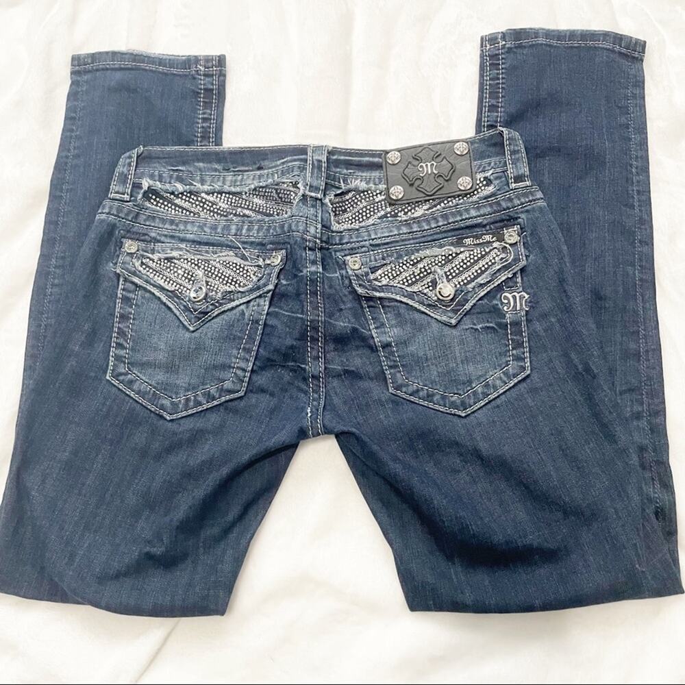 Miss Me signature crop embellished straight leg jeans blue denim studded size 28